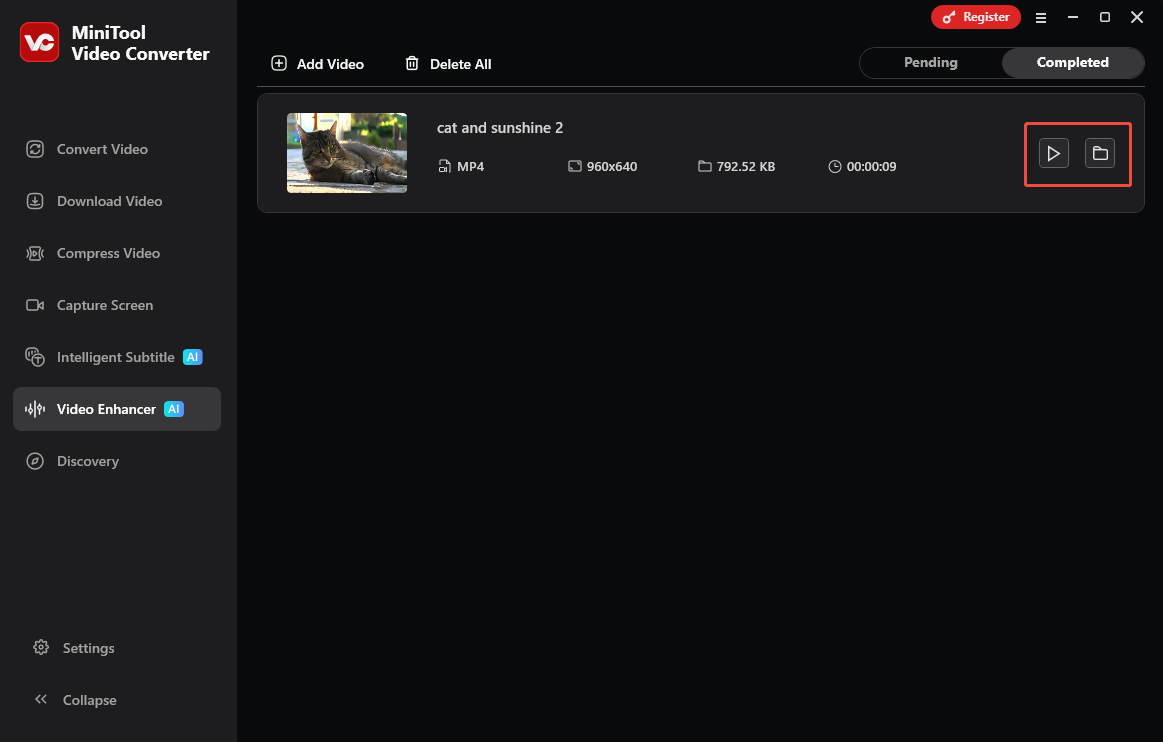 MiniTool Video Converter Video Enhancer interface with the play icon and folder icon selected under the Completed tab.
