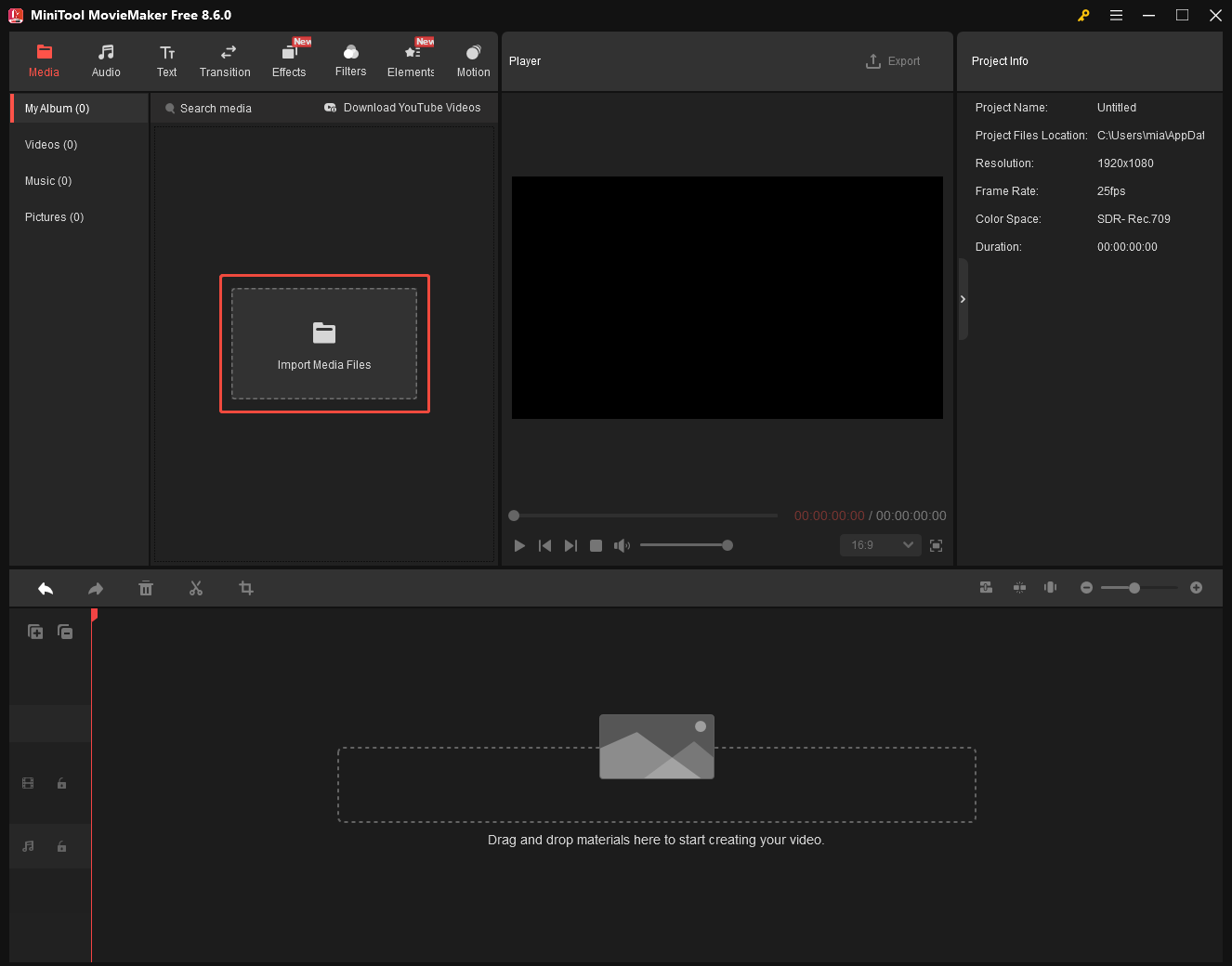 MiniTool MovieMaker interface with the Import Media Files option selected.
