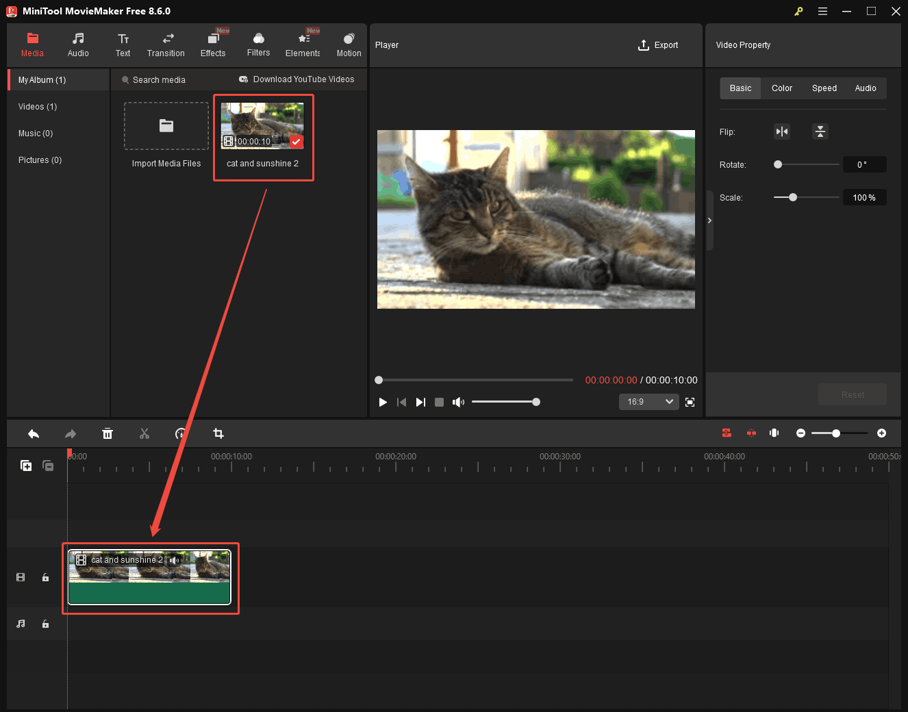 MiniTool MovieMaker interface showing how to drag and drop the video onto the timeline.