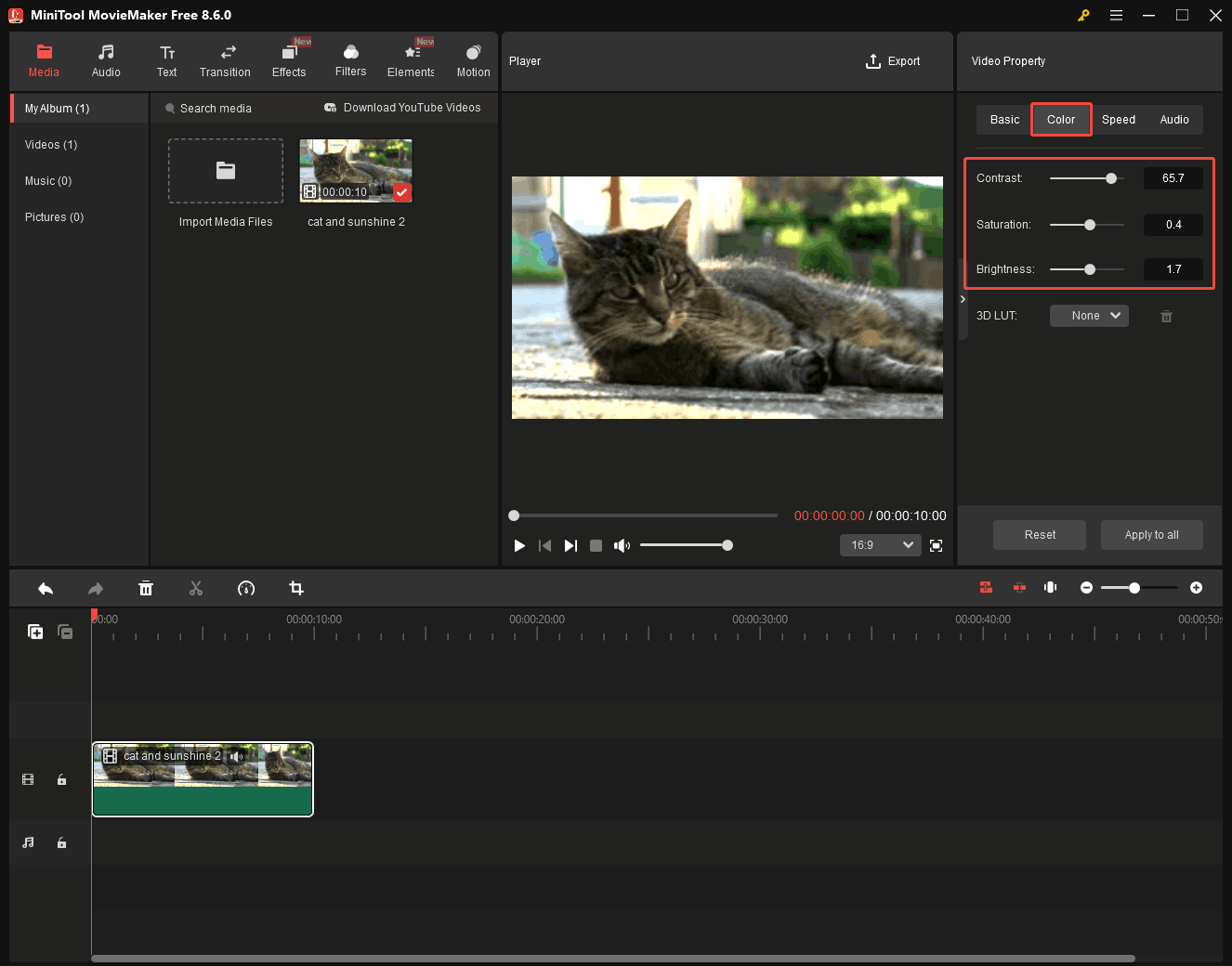 MiniTool MovieMaker interface with the color settings selected in the top right corner.