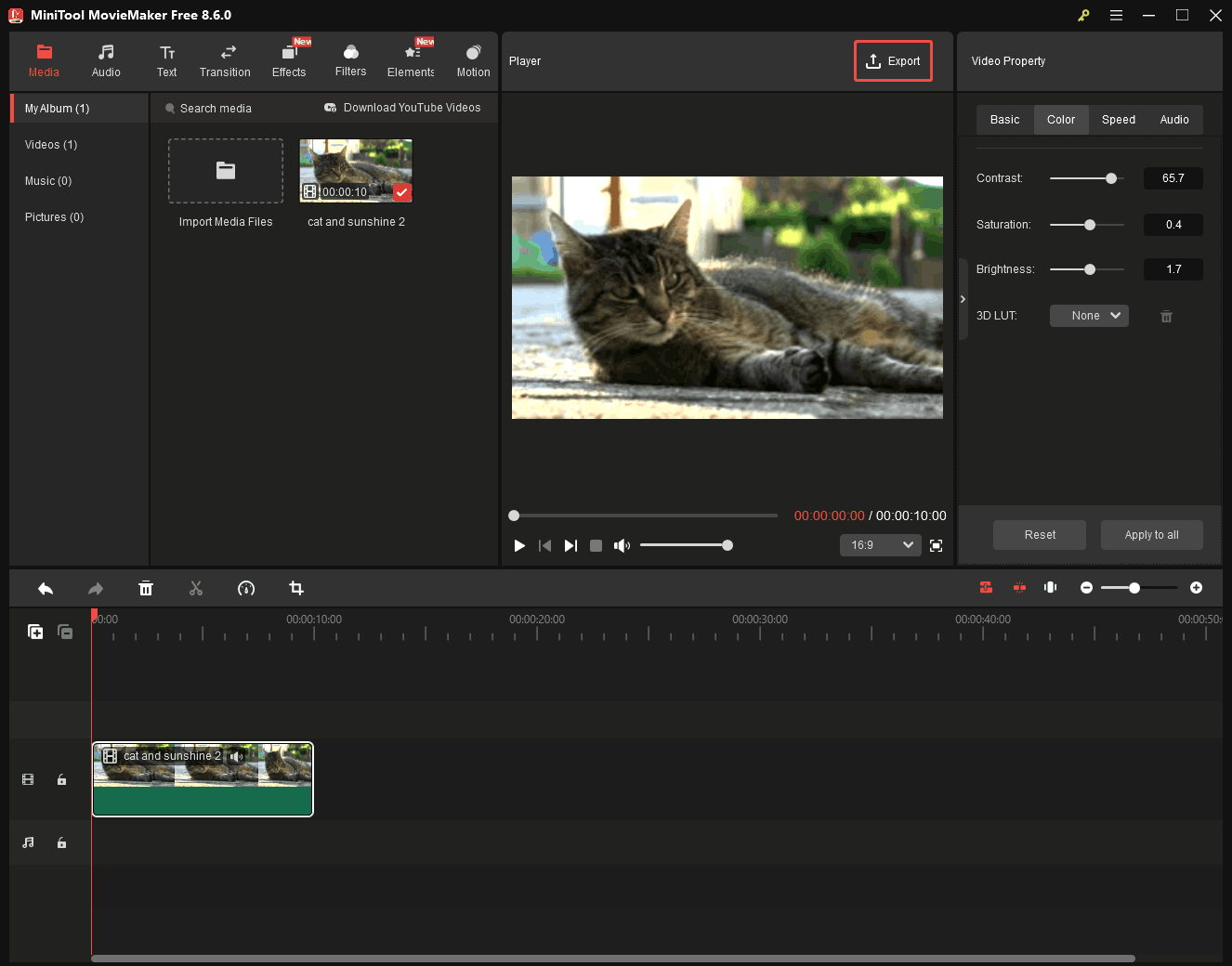 MiniTool MovieMaker interface with the Export option selected.