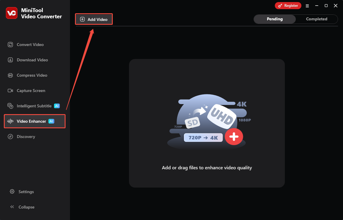 MiniTool Video Converter interface with the Add Video option selected to import target video under the Video Enhancer tab.
