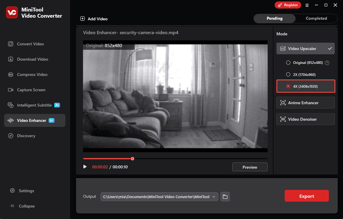 MiniTool Video Converter Video Enhancer interface with the 4X option selected under the Video Upscaler section.