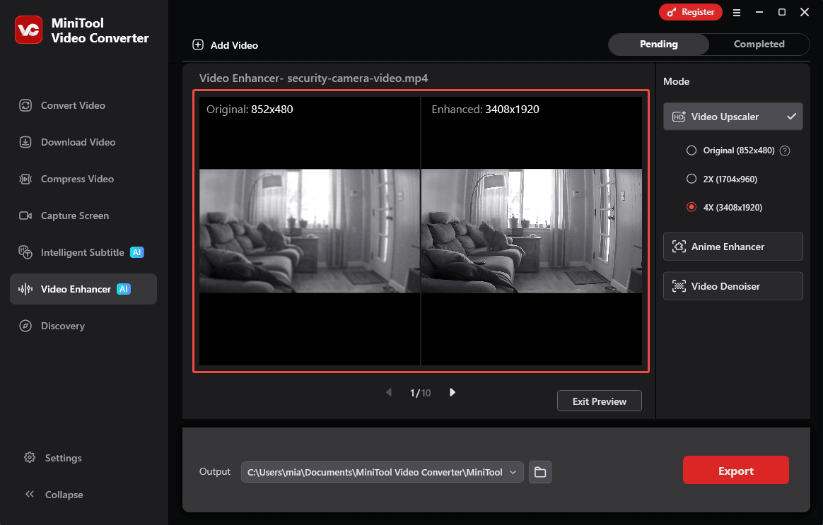 MiniTool Video Converter Video Enhancer interface showing a preview of the original and upscaled video.
