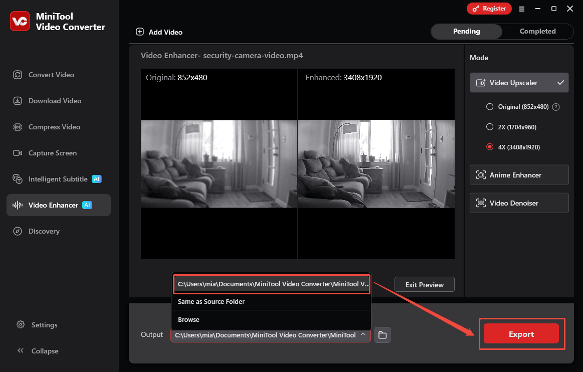 MiniTool Video Converter Video Enhancer interface showing how to choose the output folder and export the enhanced video.