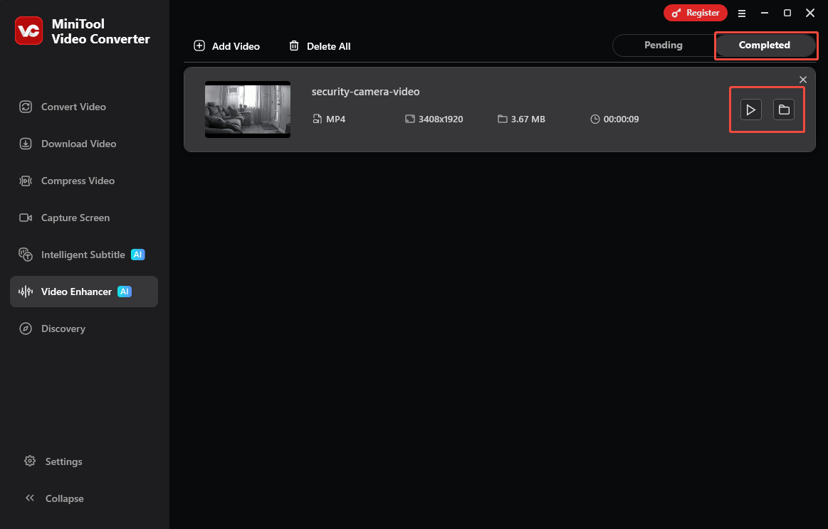 MiniTool Video Converter Video Enhancer interface with the play icon and folder icon selected under the Completed tab.