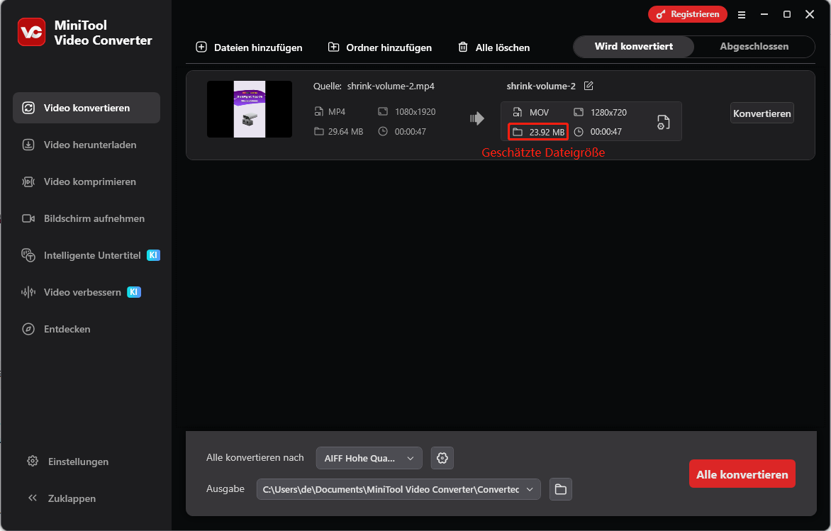 Geschätzte Dateigröße vor der Formatkonvertierung in MiniTool Video Converter.
