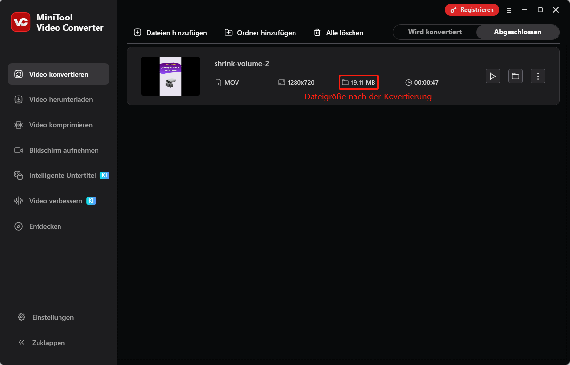 Größe der konvertierten Datei nach der Formatkonvertierung in MiniTool Video Converter.