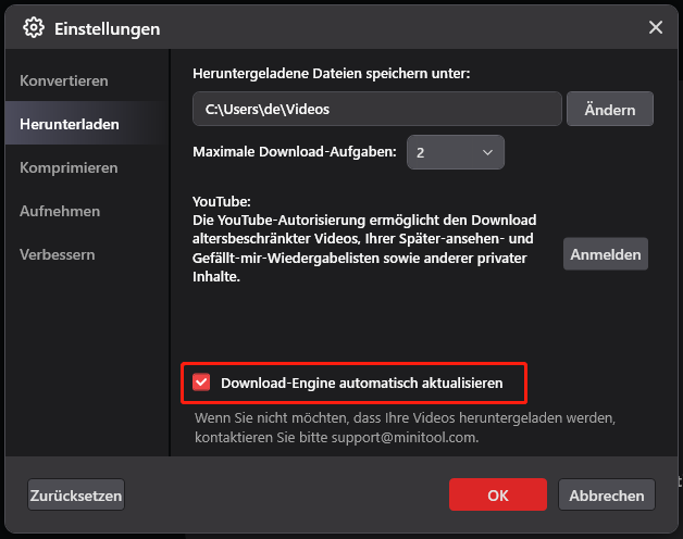 Aktivieren Sie die Option Download-Engine automatisch aktualisieren im Fenster Einstellungen von MiniTool Video Converter.
