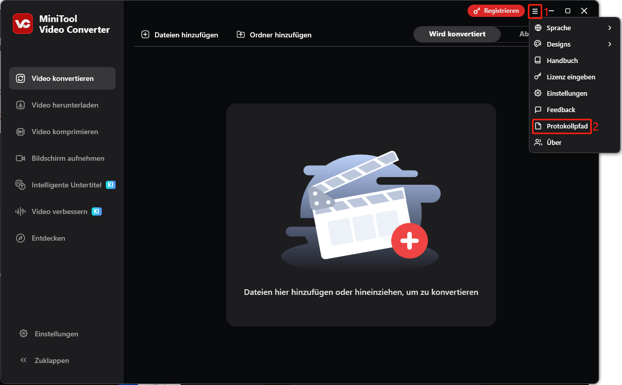 Klicken Sie auf das Hamburger-Symbol in MiniTool Video Converter und wählen Sie Protokollpfad, um die Protokolle zu finden.