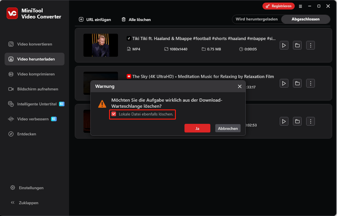 Aktivieren Sie das Kontrollkästchen in der Registerkarte Video herunterladen von MiniTool Video Converter, um die lokale Datei zu löschen.