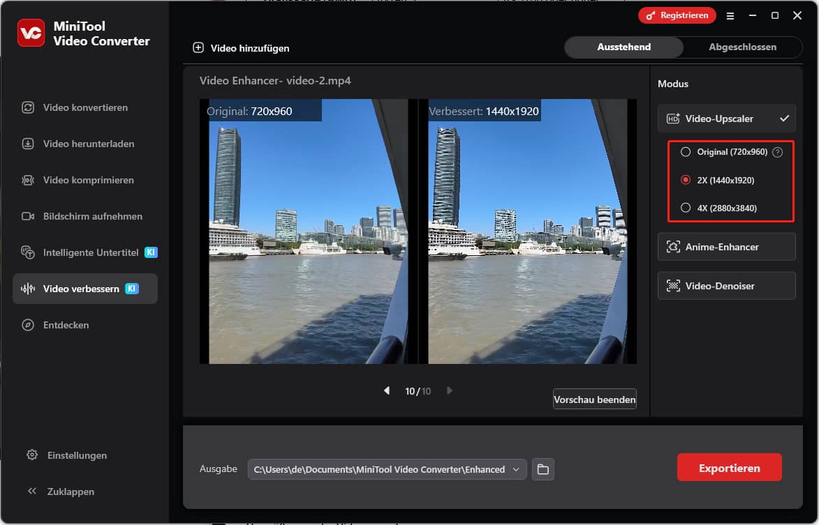 Die Oberfläche von Video Enhancer in MiniTool Video Converter mit ausgewählten Optionen für die Vergrößerung der Videoausgabe.