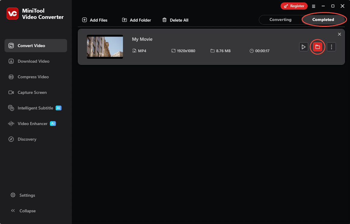 MiniTool Video Converter interface with the folder icon selected under the Completed tab.