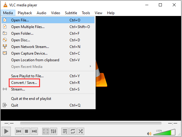 VLC media player window with the Convert and Save option selected in the Media menu.