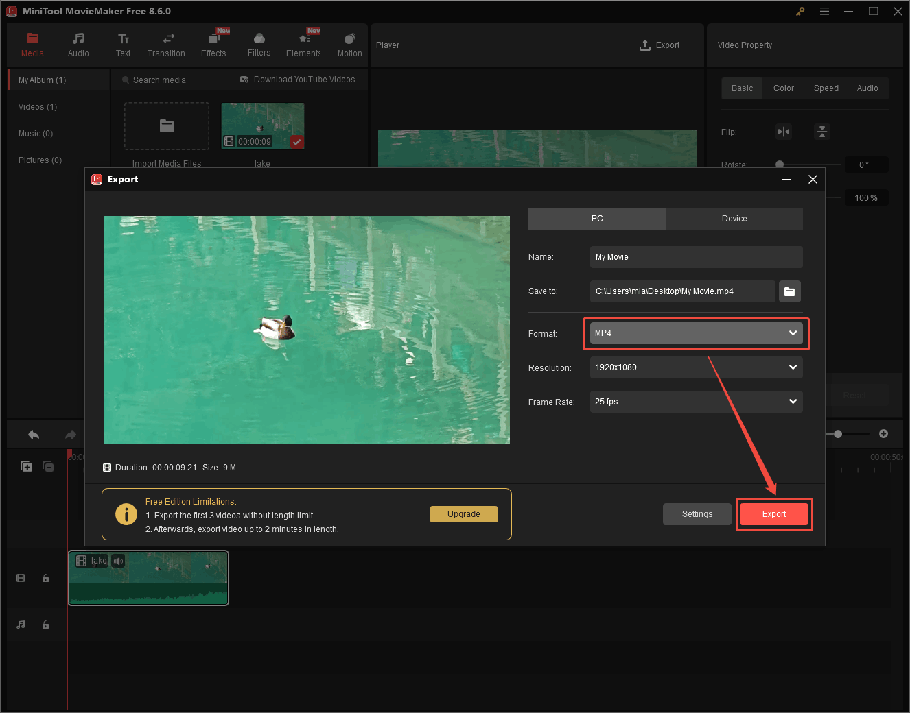 MiniTool MovieMaker Export window showing how to export the video as MP4.