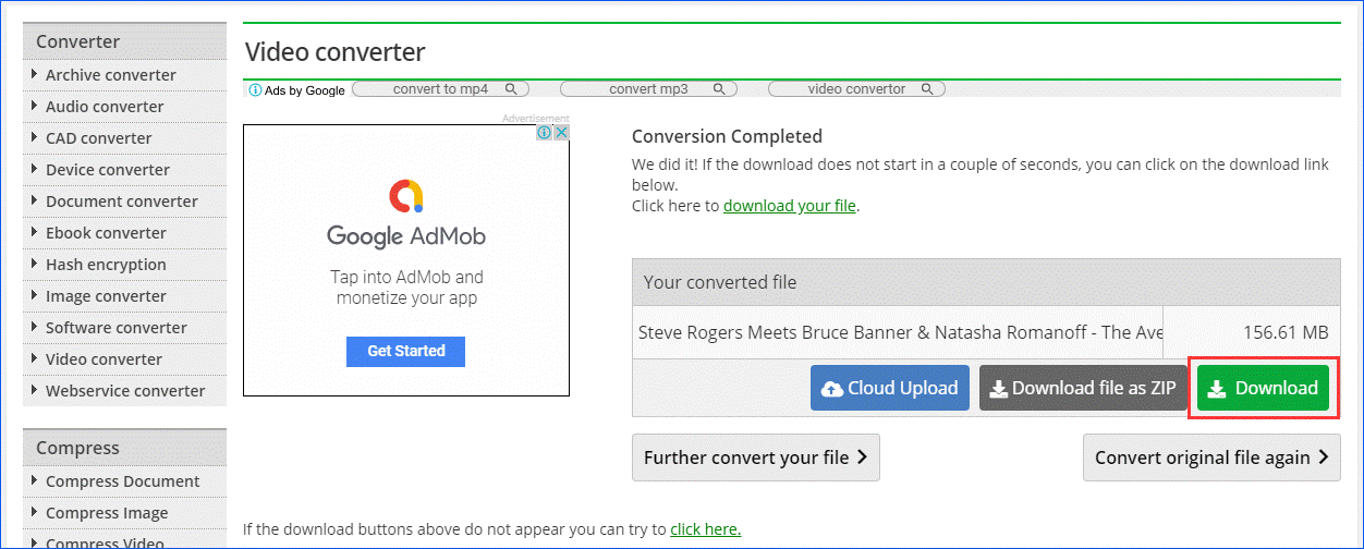 OnlineConvert file download page with the Download button selected.