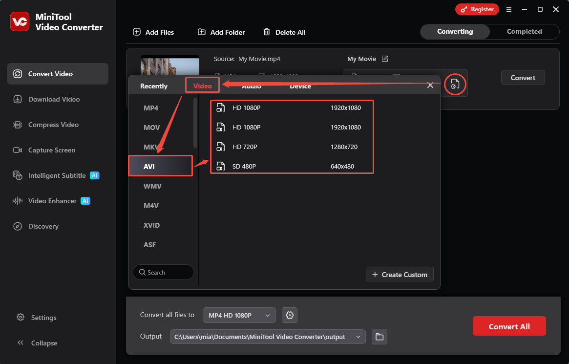 MiniTool Video Converter Convert Video interface showing how to choose the output format.
