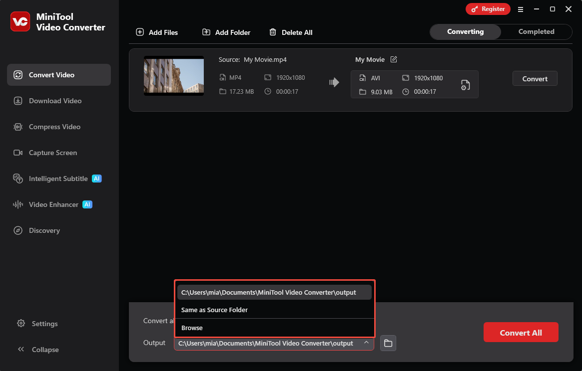 MiniTool Video Converter Convert Video interface with the Output folder expanded.