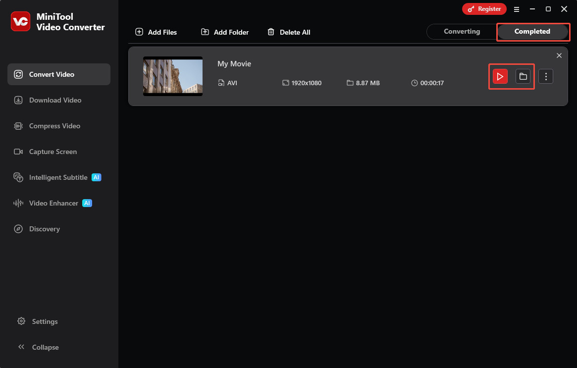 MiniTool Video Converter Convert Video interface with the play and the folder icon selected under the Completed tab.