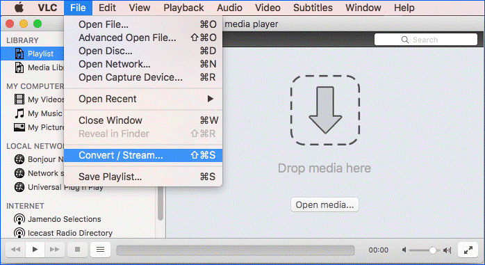 VLC interface with the Convert Stream option highlighted in the File drop down menu.