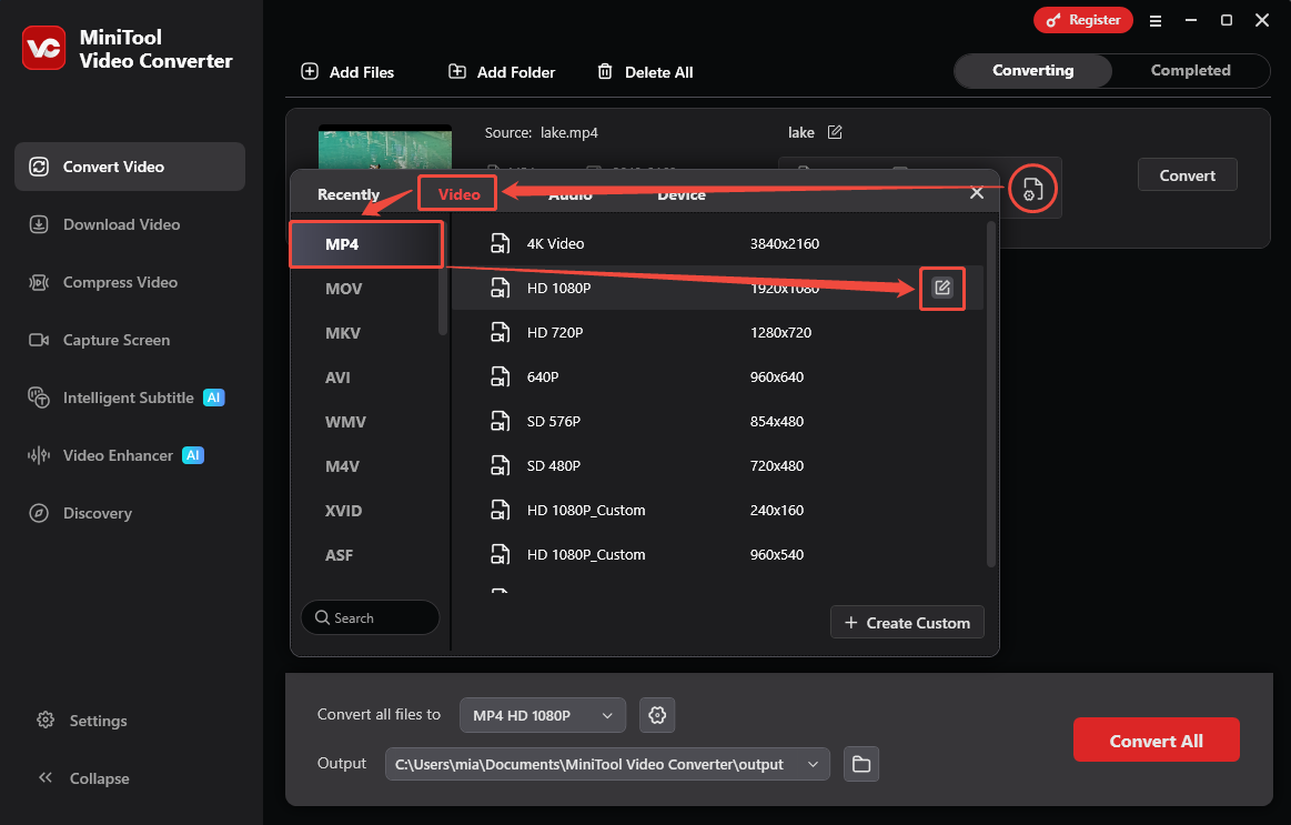 MiniTool Video Converter output format selection window showing how to choose MP4 as the output format.