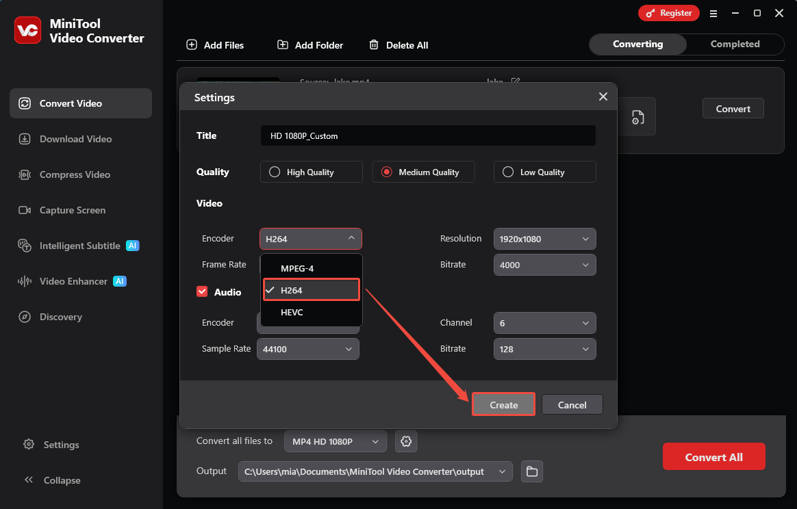 MiniTool Video Converter format Settings window with the H264 option and the Create option selected.