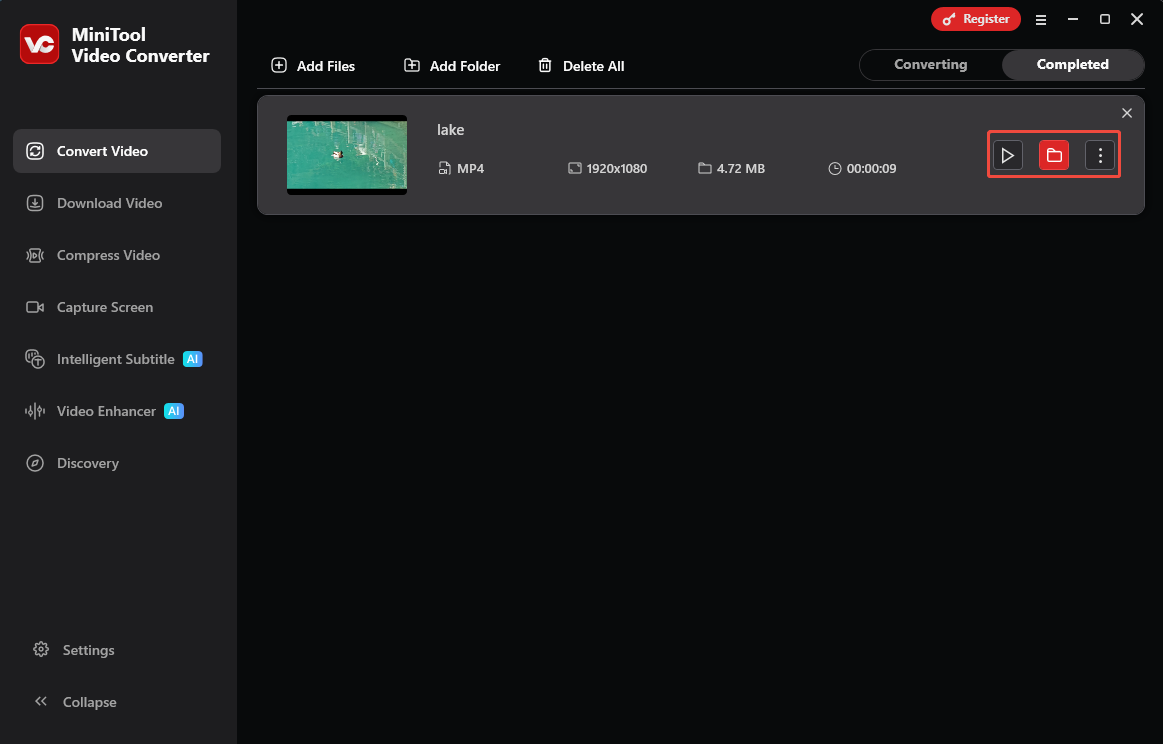 MiniTool Video Converter Convert Video interface with the play icon and the folder icon and the more icon selected.