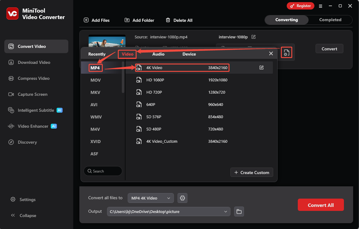 MiniTool Video Converter format settings window showing how to set MP4 as the output format in the Convert Video tab.