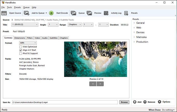 The main interface of HandBrake.