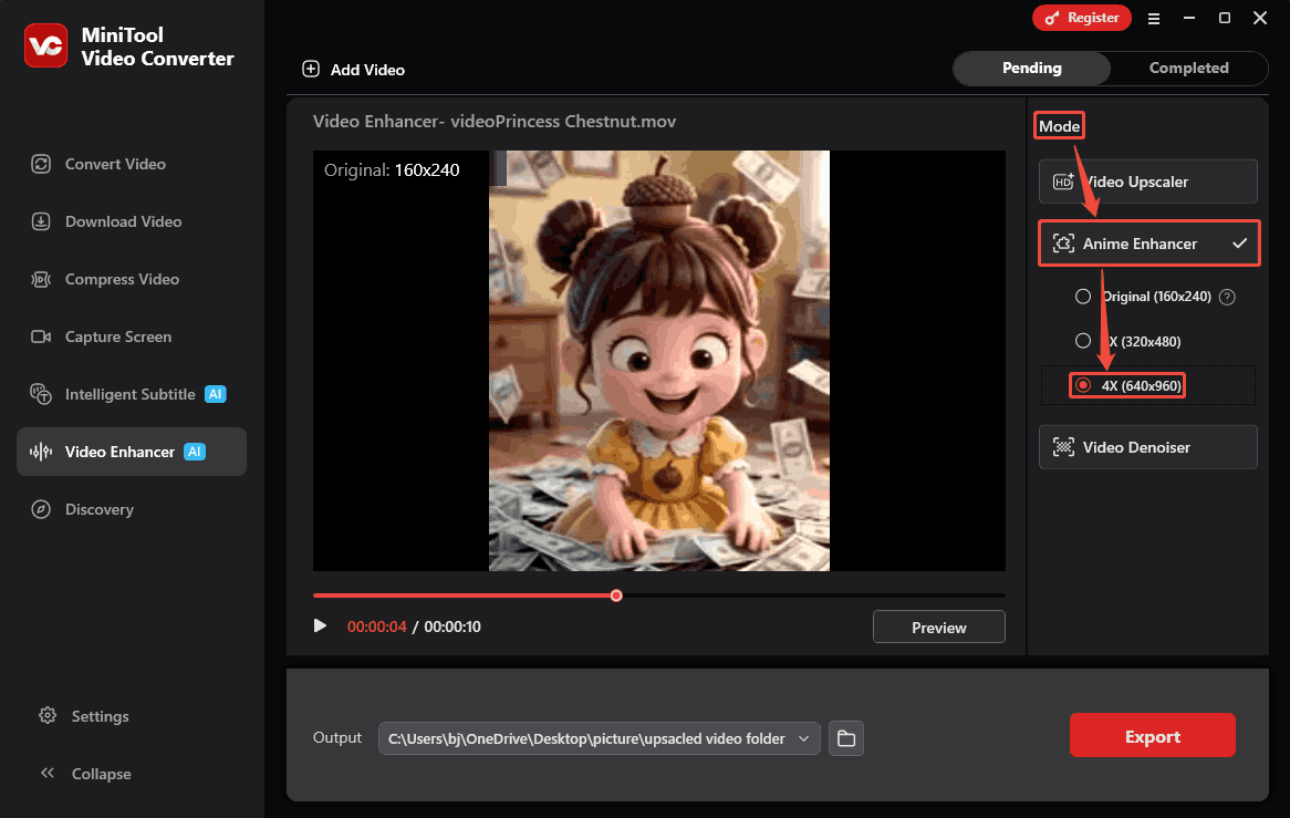 MiniTool Video Converter Mode section showing how to specify an enhancement level in the Video Enhancer tab.