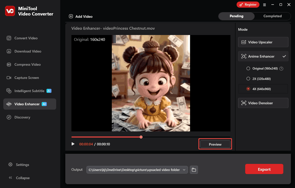 MiniTool Video Converter interface with the Preview button selected in the Video Enhancer tab.