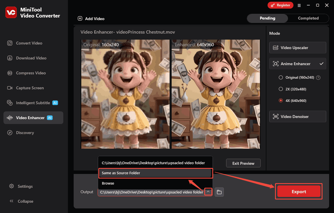 MiniTool Video Converter interface showing how to select a storage location and begin exporting in the Video Enhancer tab.