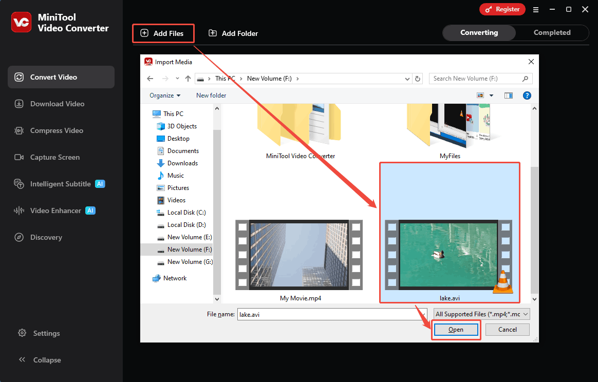 MiniTool Video Converter Convert Video interface showing how to import an AVI file.