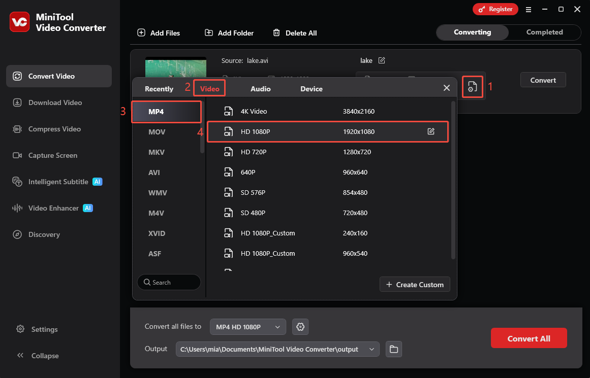 MiniTool Video Converter output format selection window showing how to choose MP4 as the output format.