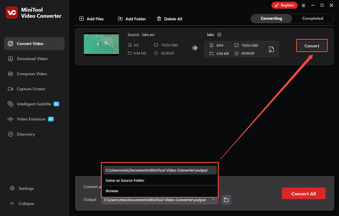 MiniTool Video Converter Convert Video interface with the output option and the Convert option selected.
