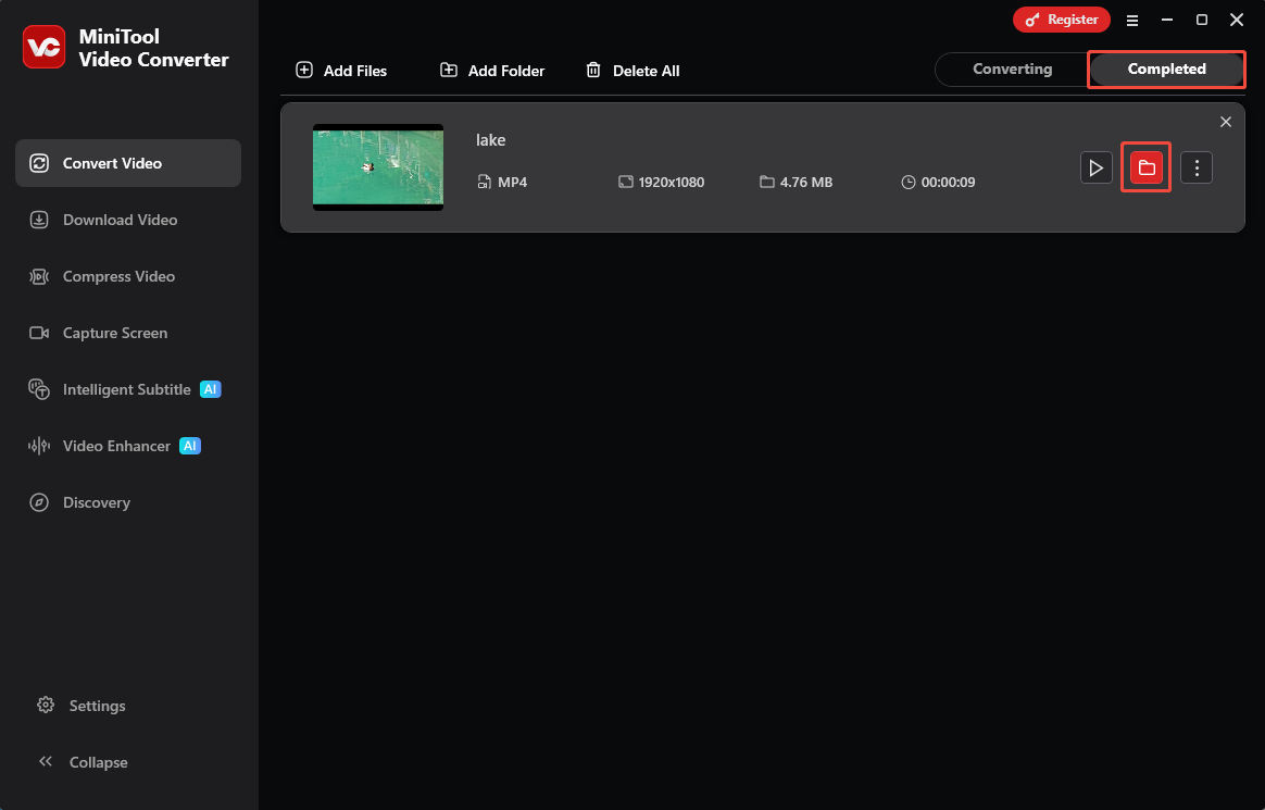 MiniTool Video Converter Convert Video interface with the folder icon selected.