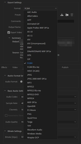 After Effects Export Settings window with the H264 selected as the output format.