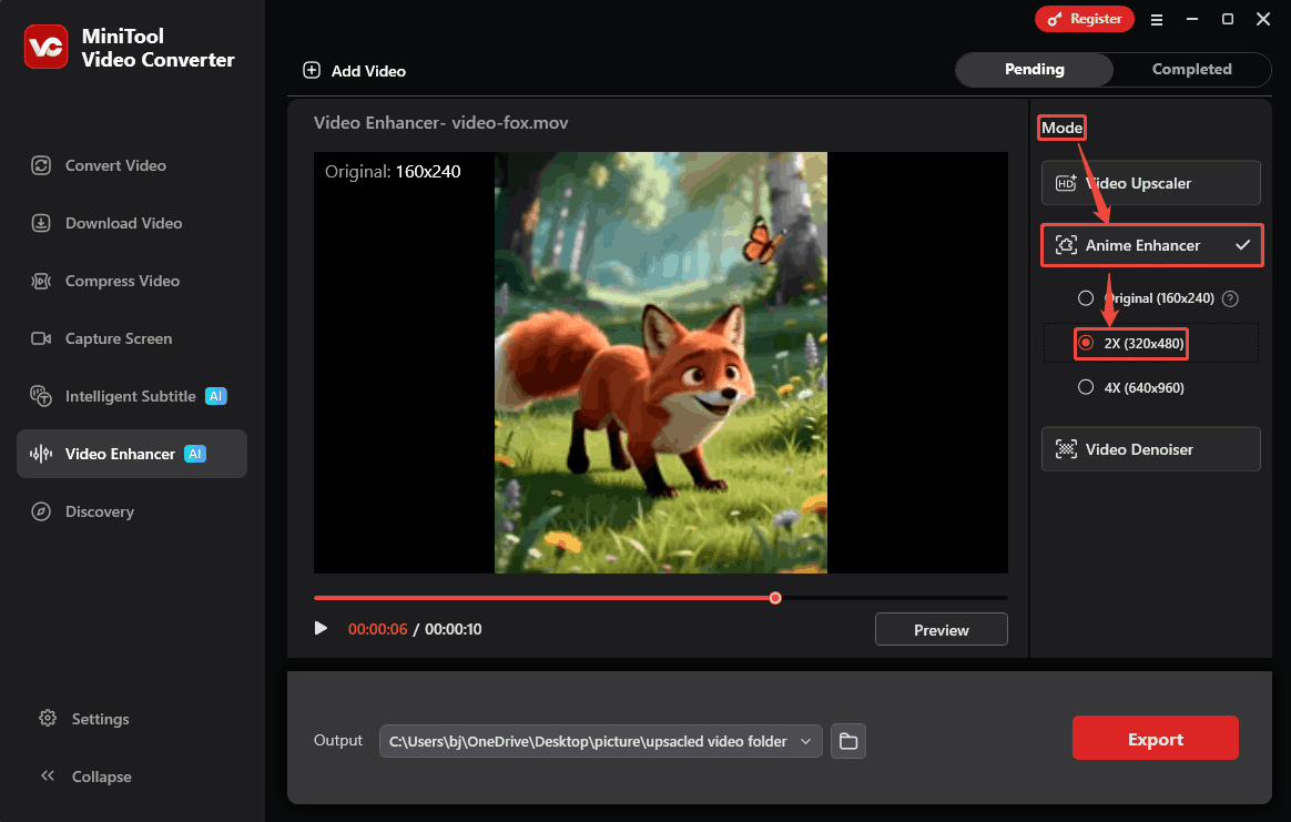 MiniTool Video Converter Mode section showing how to select a desired enhancement level in the Video Enhancer tab.