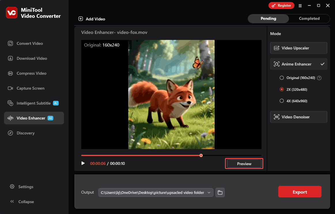 MiniTool Video Converter interface with the Preview button selected in the Video Enhancer tab.
