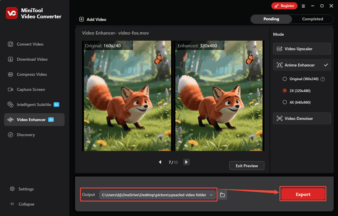 MiniTool Video Converter interface with the Output option and the Export button selected in the Video Enhancer tab.