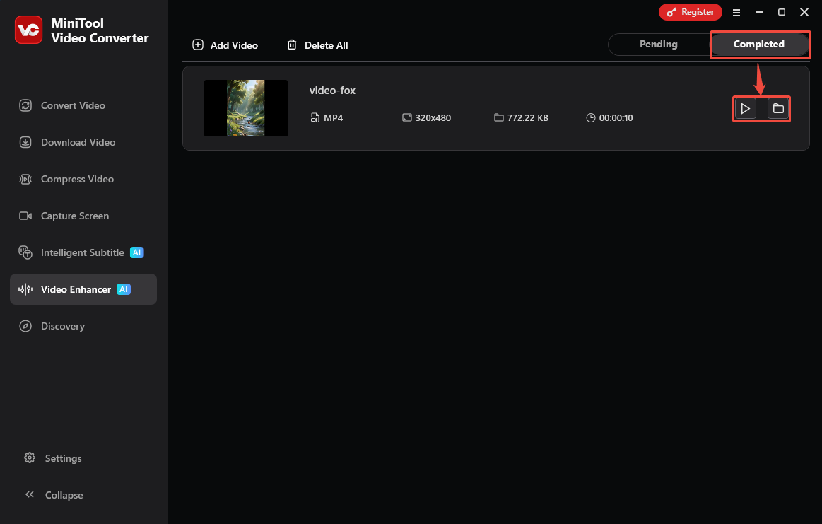 MiniTool Video Converter Completed tab with the Play icon and the Folder icon selected in the Video Enhancer tab.