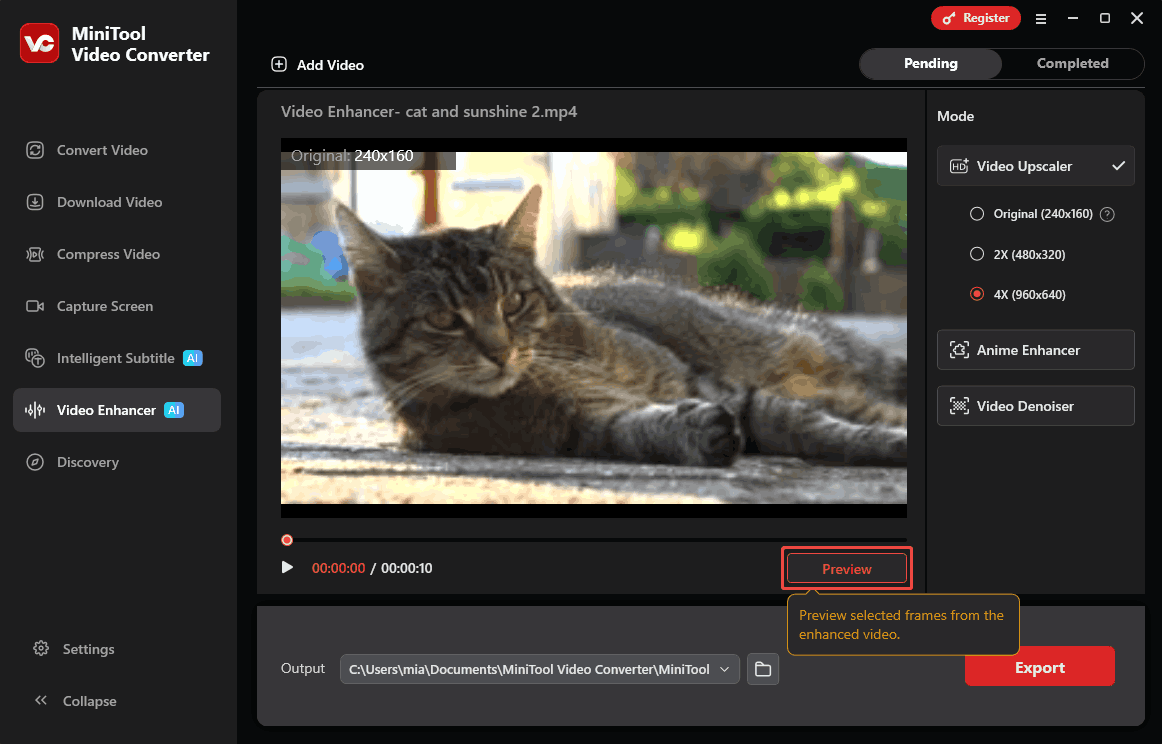 MiniTool Video Converter Video Enhancer interface with the Preview icon selected.