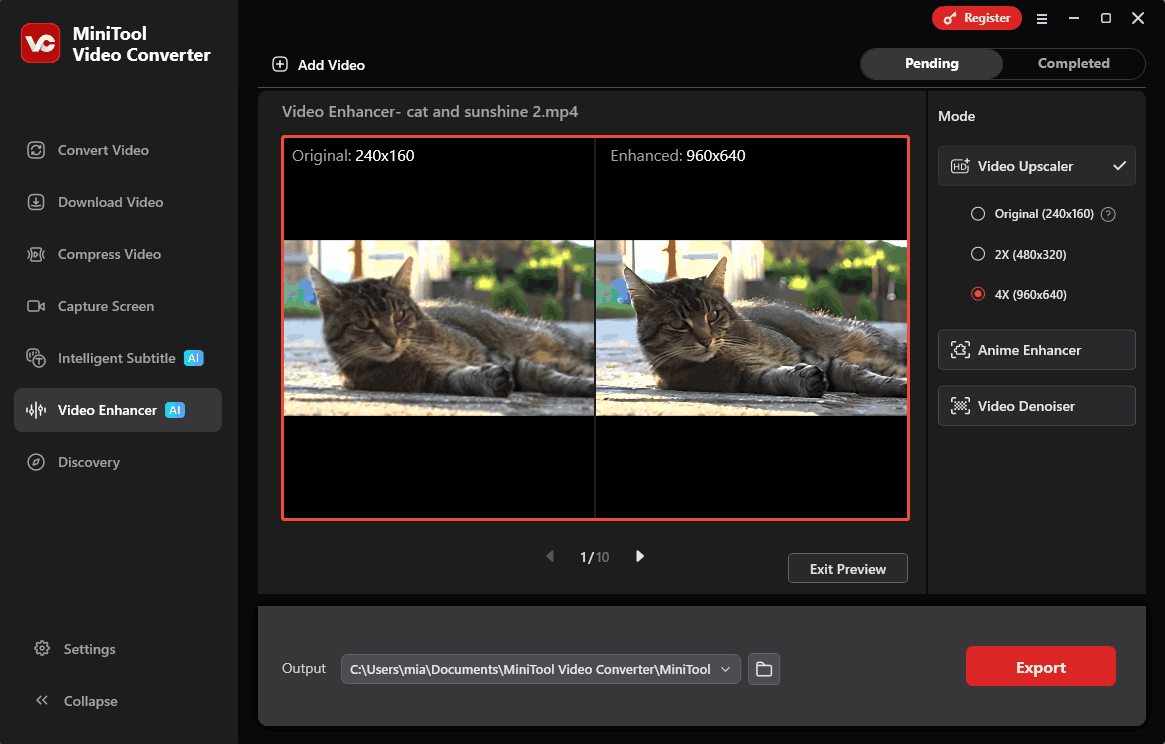 MiniTool Video Converter Video Enhancer interface showing the comparison of the original video and enhanced video.