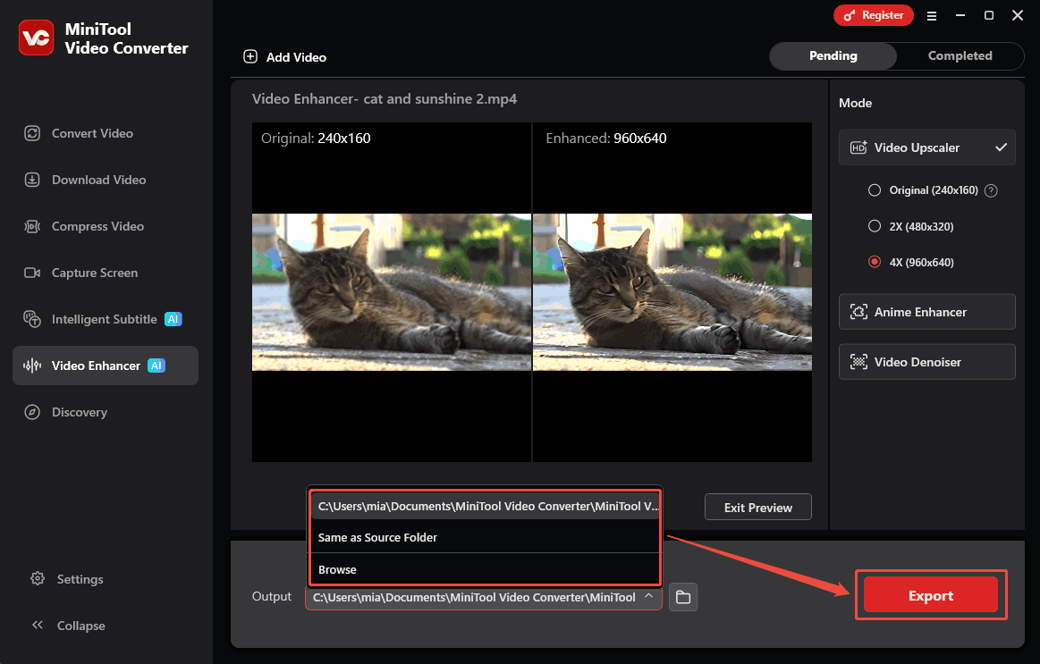 MiniTool Video Converter Video Enhancer interface showing how to select a save folder and start enhancing.
