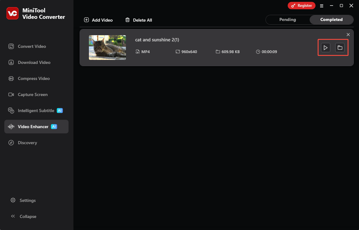 MiniTool Video Converter Video Enhancer interface with the play icon and the folder icon selected under the Completed tab.