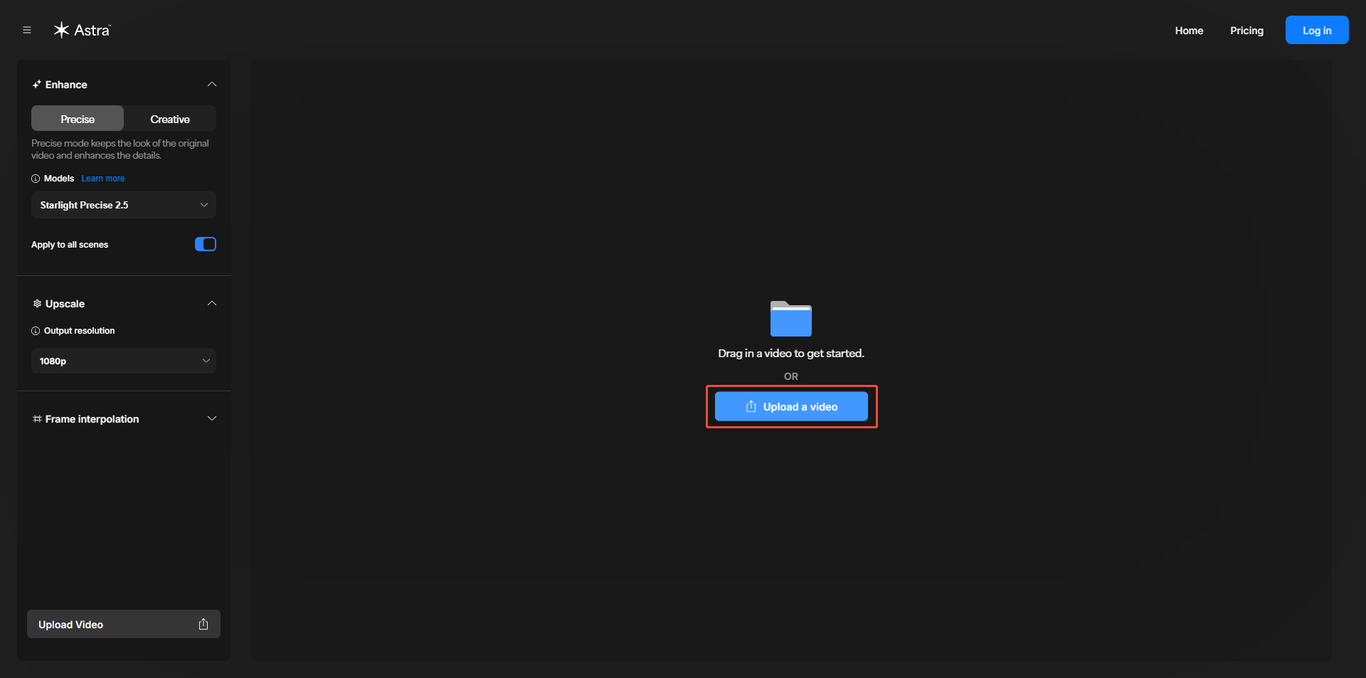 TopazLabs video editing interface with the Upload a video option selected.