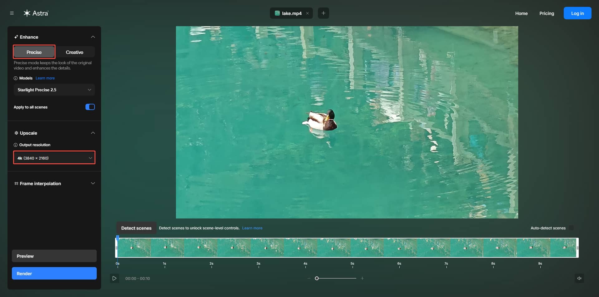 TopazLabs video editing interface with the Precise option and the output resolution selected.