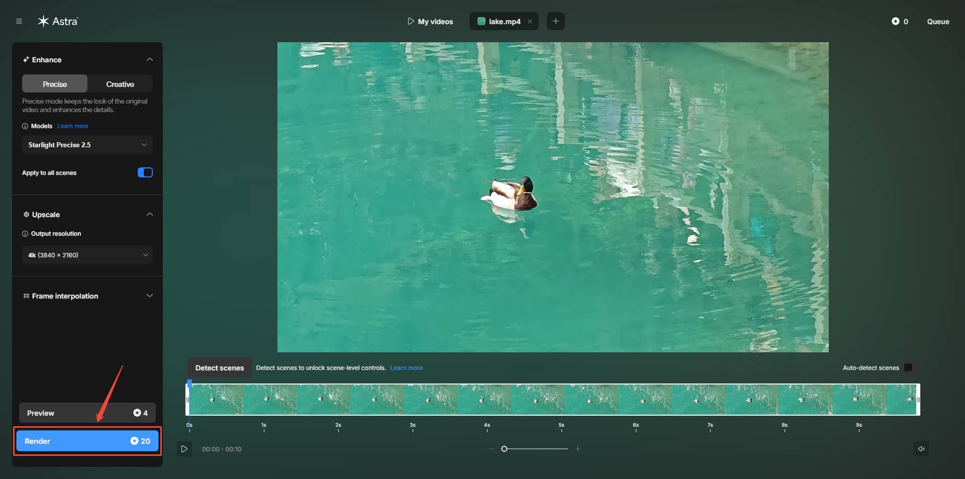 TopazLabs video editing interface with the Render option selected.