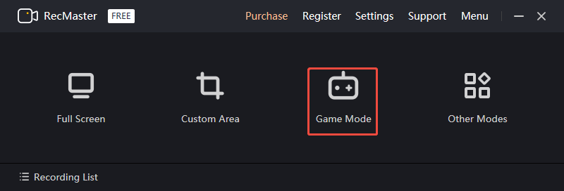 RecMasterのメイン画面でGame Modeを選択している様子