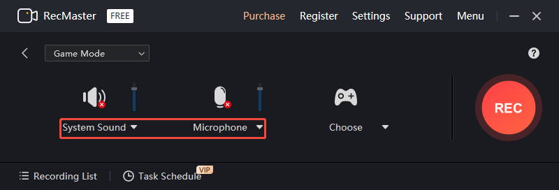 RecMasterのメイン画面で「System Sound」または「Microphone」をクリックしている様子